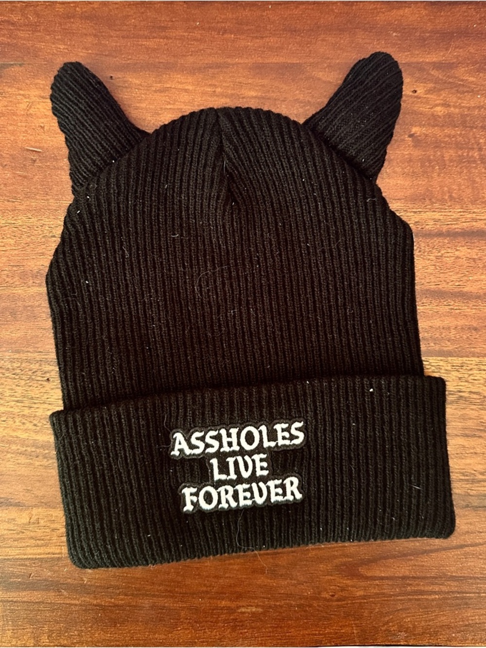 Black Beanie Hat with Devil Horns - 'Assholes Live Forever'